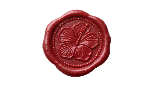 Deep red wax seal with embossed hibiscus flower, isolated on transparent background