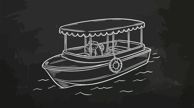 Detailed vector illustration of a small tour boat floating on water rendered in a clean white chalk style drawing aesthetic