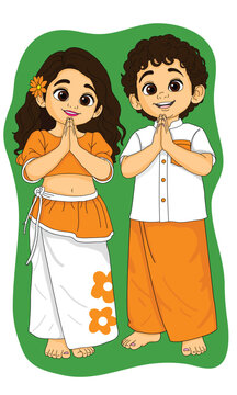 Children in Traditional Sri Lankan Attire Greeting Illustration