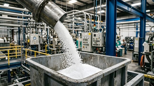 Plastic resin pellets being poured from a pipe into a container in a factory