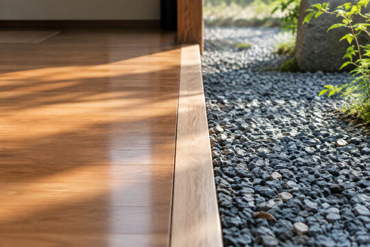 Wooden boundary line dividing polished floorboards from rough gravel.