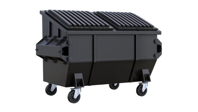 Large black industrial dumpster with ribbed lid, isolated on transparent background
