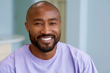 Fototapeta premium Smiling adult man close up portrait in lavender medical gown for healthcare portrait background and patient wellness imagery for websites and brochures