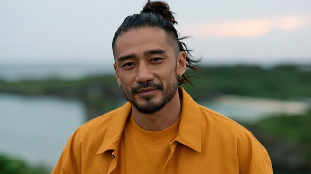 Smiling male portrait in mustard jacket by coastal landscape for lifestyle background and outdoor portrait photography