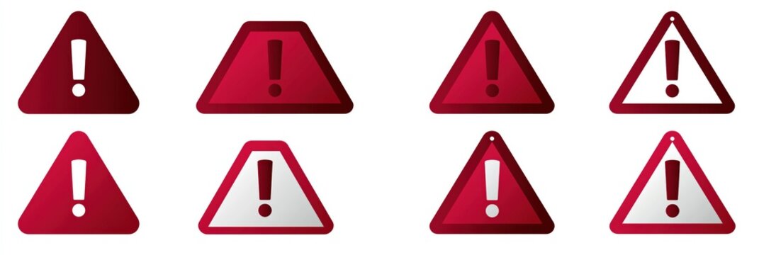 Deep red triangular alert icons with exclamation symbols in multiple styles for signage background or safety design elements
