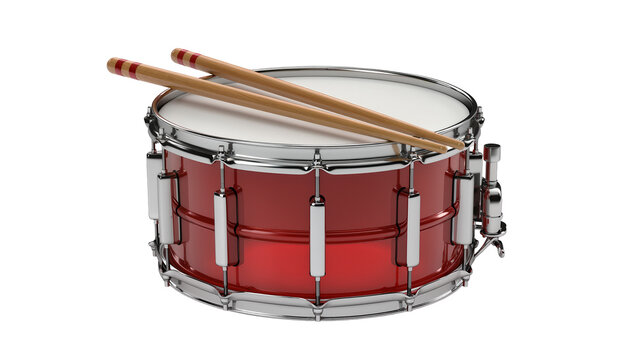 Shiny red snare drum with wooden drumsticks, isolated on transparent background