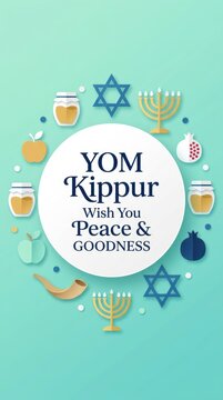 Yom kippur greeting card design with traditional jewish holiday symbols on a light green background