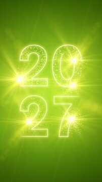 Vertical video animation of abstract neon light with the numbers 2027 over green background - represents the new year - vacation concept.