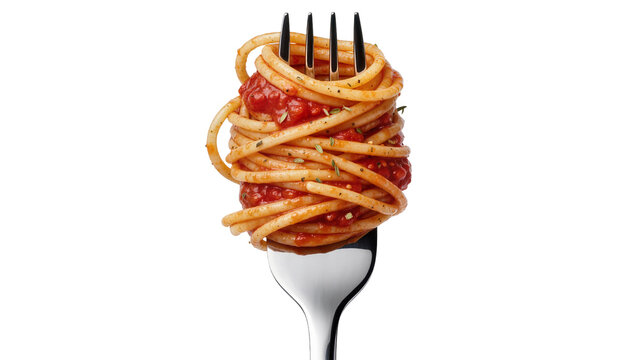 Spaghetti with tomato sauce twirled on a fork, isolated on transparent background