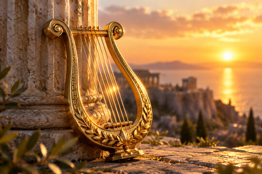 A golden lyre leaning against an ancient column at sunset.