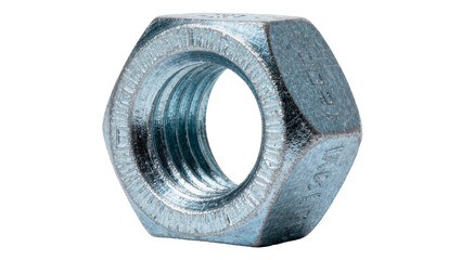 Galvanized steel hex nut with internal threads, isolated on transparent background