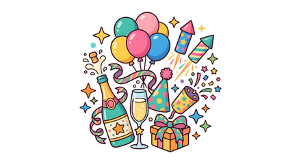 Naklejka premium New Year celebration icons with champagne and balloons.