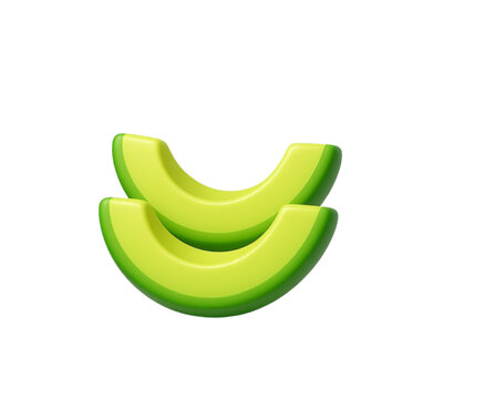 Two 3D green avocado slices icon isolated on white background, fresh fruit healthy food illustration