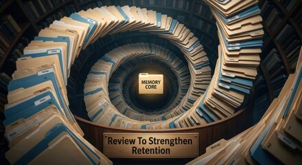 Fototapeta premium A swirling spiral of document folders leading to a glowing 'Memory Core' icon