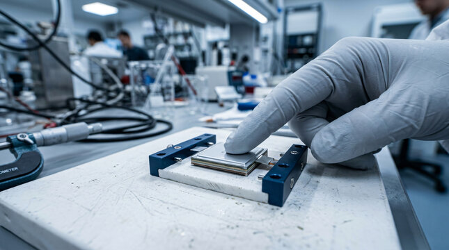 Solid state battery research in laboratory | Scientist developing next generation energy storage | Engineer testing lithium ion battery prototype | Lithium cell production technology