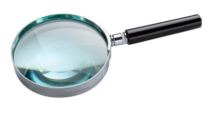 Shiny metal magnifying glass with black handle, isolated on transparent background © Maria