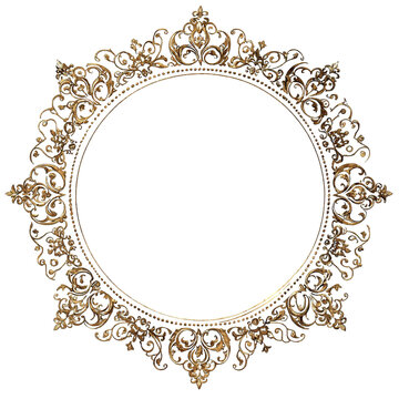 Elegant ornate gold circular frame with intricate floral and scroll designs isolated on transparent background