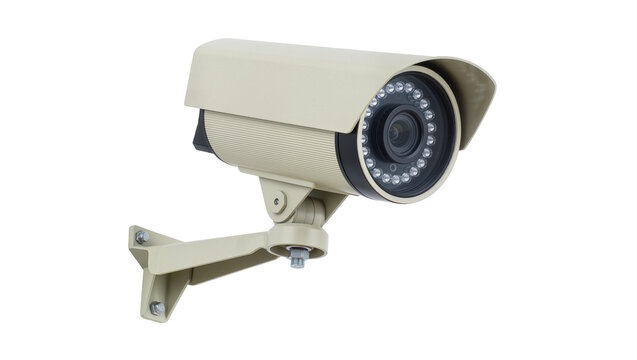 Beige security camera with infrared LEDs mounted on bracket, isolated on transparent background