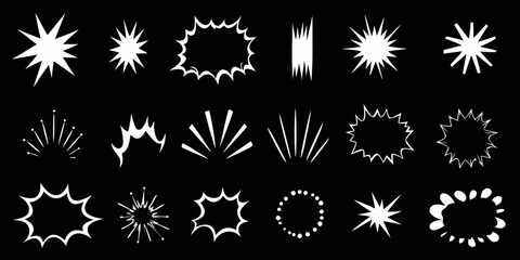 Collection of white comic book explosion bursts and star shapes on black © Tulika