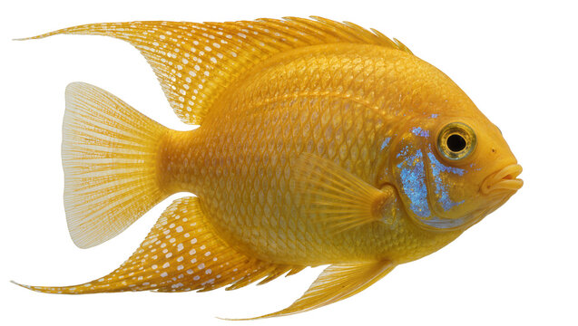 Golden cichlid fish with blue markings, isolated on transparent background