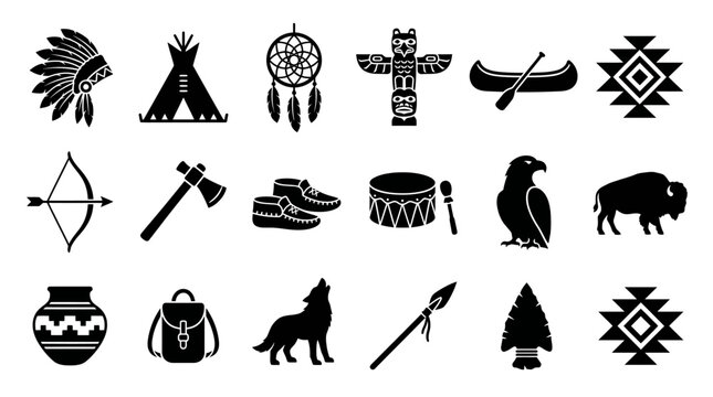 Collection of native american heritage silhouettes on a white background