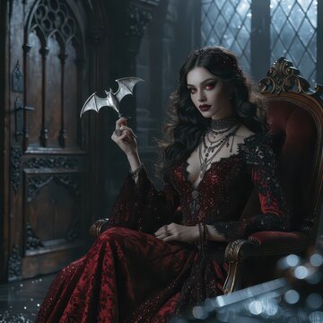 Regal female vampire in a lavish crimson and black gown holding a silver bat