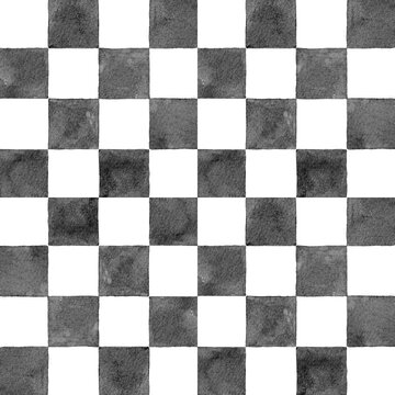 Black and White Watercolor Checkerboard Seamless Pattern, Trendy Geometric Plaid Background