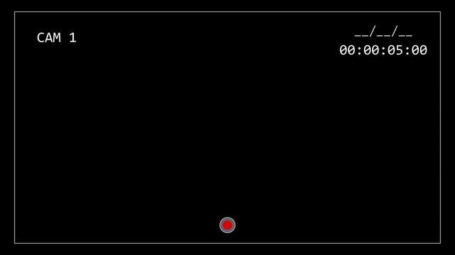 CCTV surveillance camera recording interface featuring CAM 1 label, red recording indicator, date placeholder, digital timecode, and framing borders on a black screen.