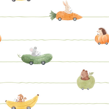 Whimsical Animals Driving Food Cars Watercolor Pattern for Nursery and Kids