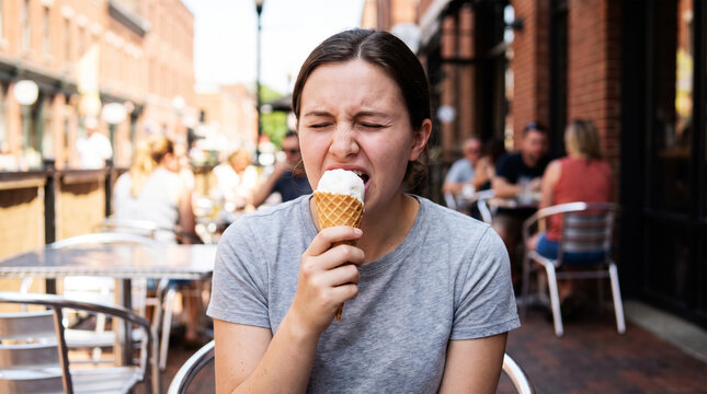 Young woman experiences sharp teeth sensitivity while eating cold white ice cream cone.