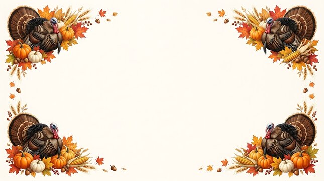 Watercolor turkeys and autumn leaves create a festive seasonal border design
