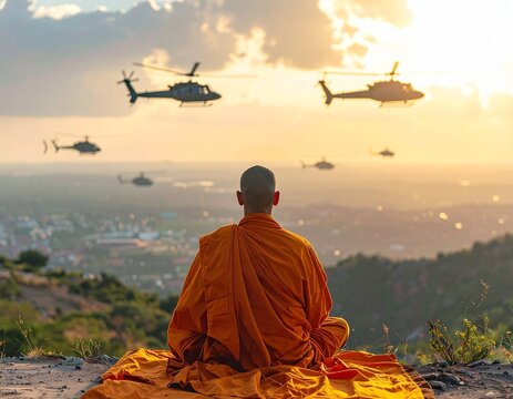 Buddhist monk meditating on a hill at sunset while military helicopters fly over a city landscape, symbolic of peace amidst conflict