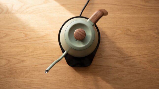 Top down flat lay view of modern electric drip kettle with wood lid on clean wooden background