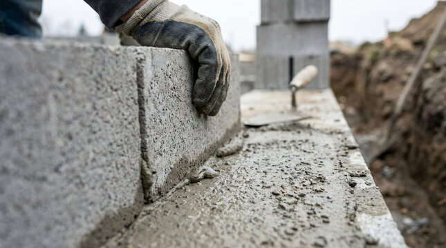 mason laying concrete blocks foundation | professional bricklayer installing cement wall | residential construction site masonry work