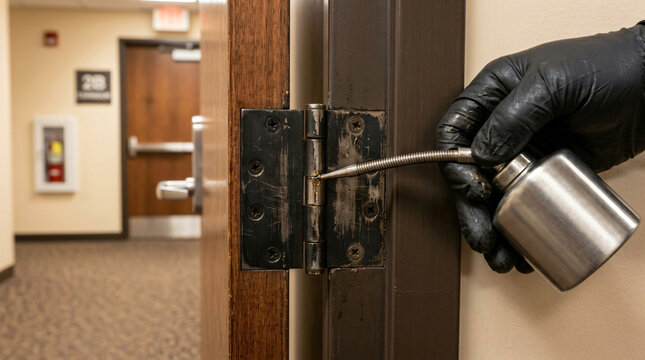 lubricating squeaky door hinges with oil can | facility maintenance worker applying door lubricant | preventative office maintenance tasks | hand in black glove oiling door hardware