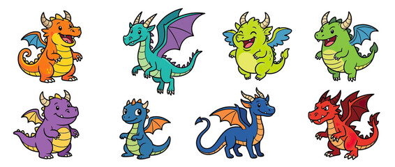 Obraz premium Collection of cute cartoon dragons isolated on white background