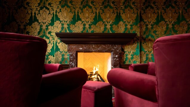 Cozy Fireplace with Velvet Armchairs and Ornate Wallpaper