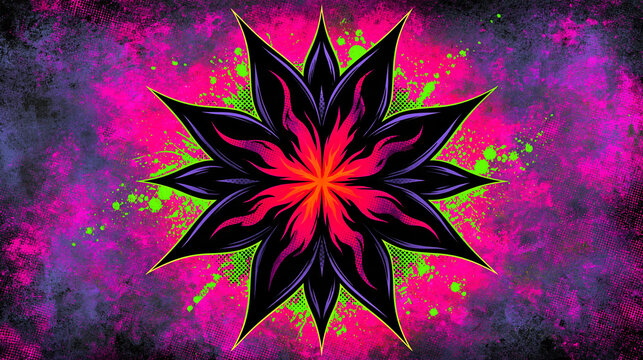 Stylized comic acid botanical poster with dark flower, neon splashes and horror energy