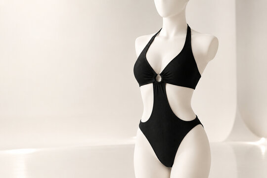 Faceless dress form mannequin wearing black cutout monokini, studio cyclorama, swimwear display