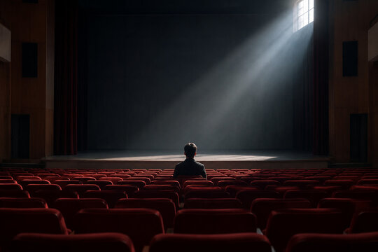 Person sitting alone in empty auditorium with vacant red seats, low attendance and event concept