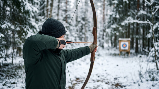 Archer aims bow and arrow at target in snowy forest during winter