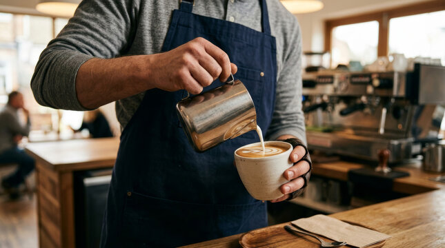 Barista making latte art pouring milk into coffee cup in cafe