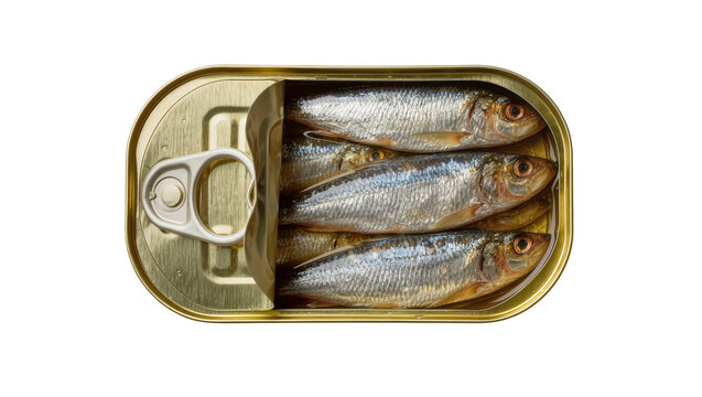 Opened tin can with whole sardines in oil, isolated on transparent background