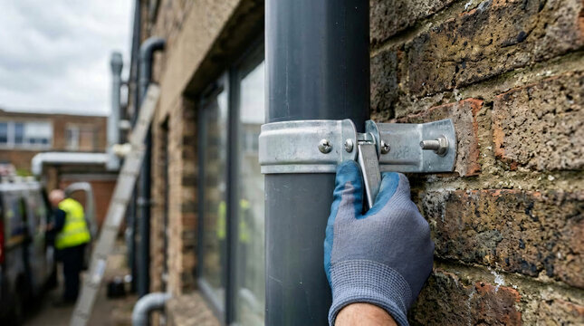 professional gutter downpipe installation | plumber inspecting exterior drainage pipe | building maintenance and repair services | worker securing house rainwater system