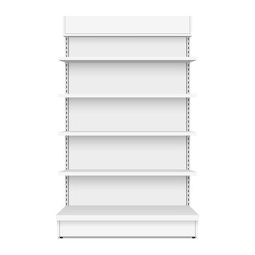 White empty store shelf rack mockup front. Product shelves counter design. Supermarket product advertising blank.
