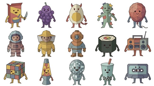 Set of cute anthropomorphic character illustrations with flat design on white background