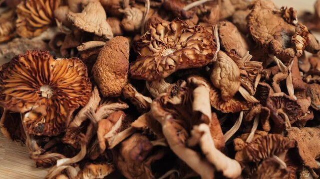 Close-up pile of dried mushrooms with shriveled caps and stems. High quality 4k footage