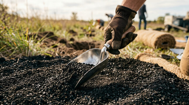 Sustainable agriculture biochar soil amendment | Gloved hand scooping organic biochar fertilizer | Regenerative farming carbon sequestration techniques | Improving soil health with biochar granules