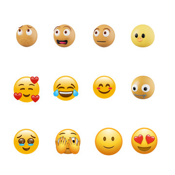 3D Emoji Set with Various Expressive Faces, Yellow Emoticons Pack Isolated on White Background
