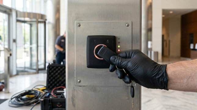 secure access control system with electronic key fob | hand in black glove using RFID reader for building entry | modern security technology for commercial office buildings